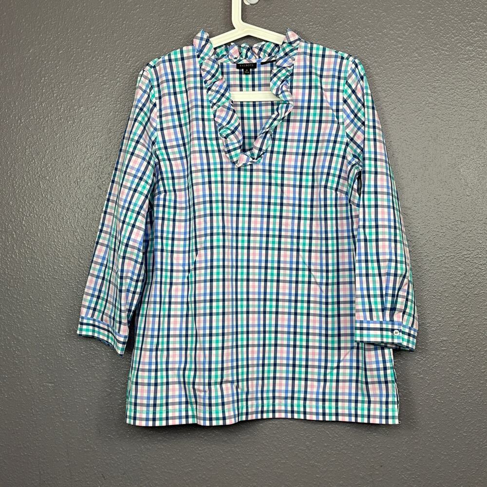 Talbots Plaid Ruffle Collar Tunic Blouse Size 10 3/4 Sleeve